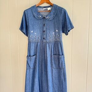 Vtg 90s Denim Midi Dress XL Peter Pan Collar Embroidered Butterflies Cottagecore
